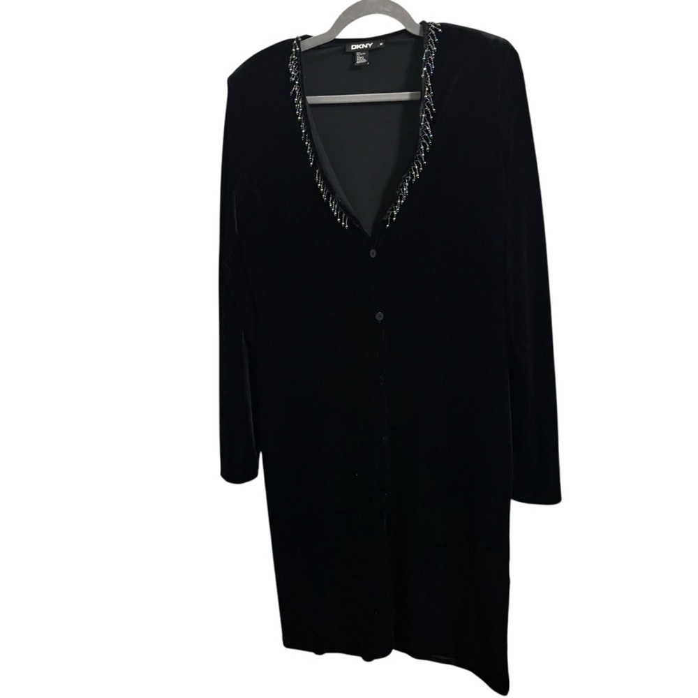 Vintage 90s DKNY Velvet Beaded Button Up Long Sleeve Dress Medium